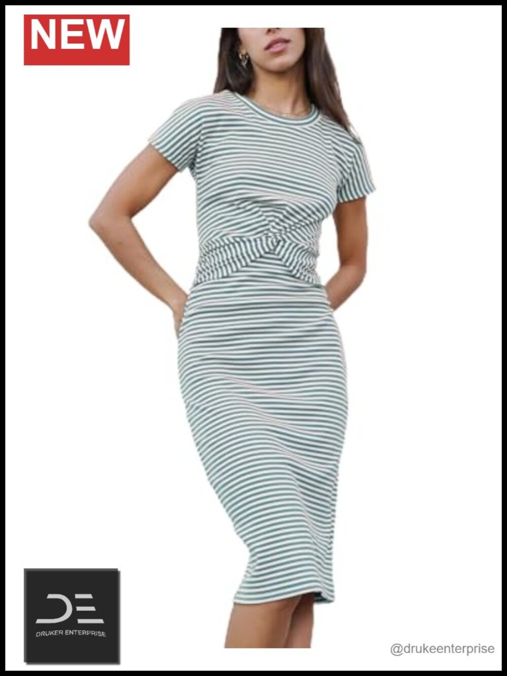 Women's Twist Front Fitted Stretch Midi Dress Striped Casual Vacation